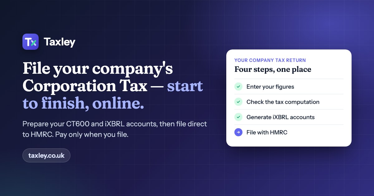 Taxley share card: file your company's Corporation Tax start to finish, online.