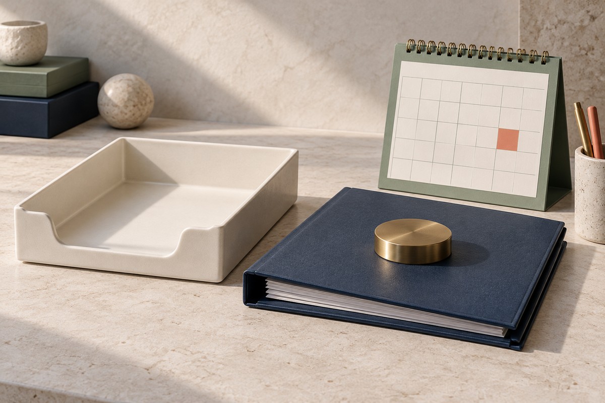 Empty in-tray beside an unopened accounts folder under a paperweight and a calendar with a marked day.