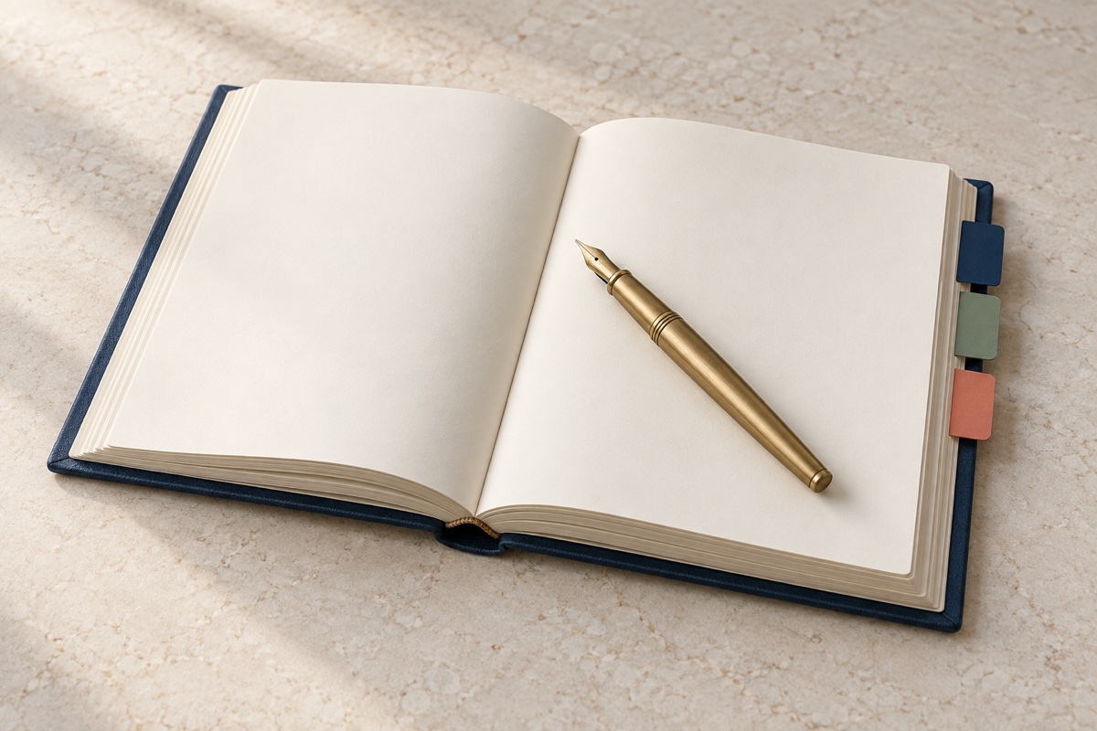 Open bound set of accounts with coloured note tabs and a brass fountain pen across the pages.