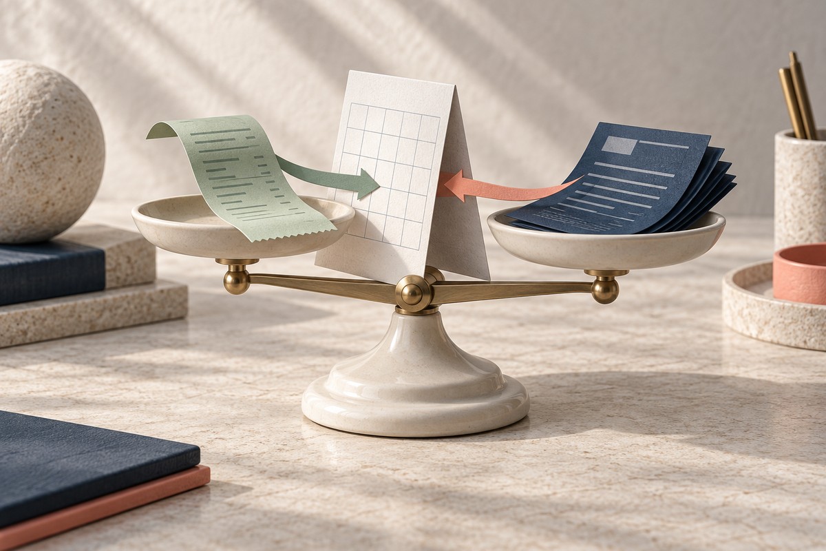 Balance scale with a receipt and a stack of bills moving across a calendar card that marks the year end.