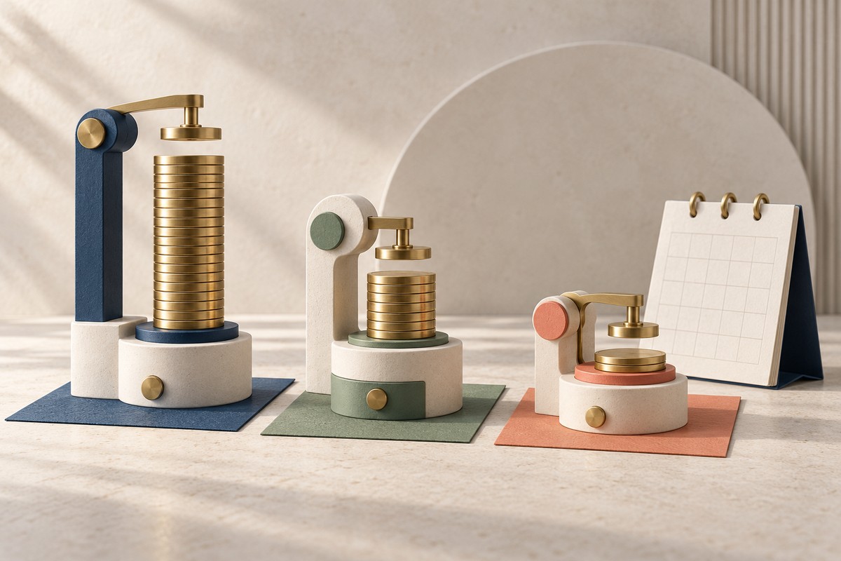 Three small machines on paper bases with a full, a medium and a thin stack of brass coins.
