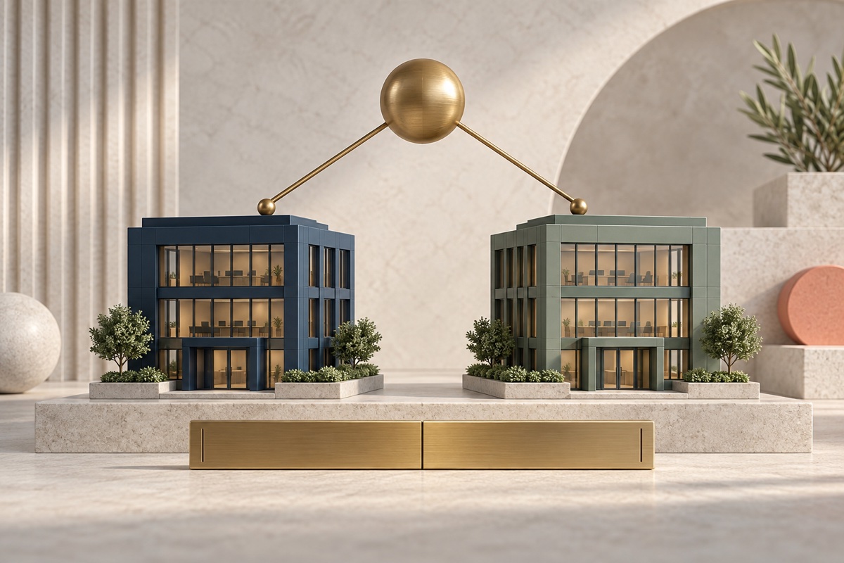 Two company models connected to one shared control point beside a divided measuring bar.