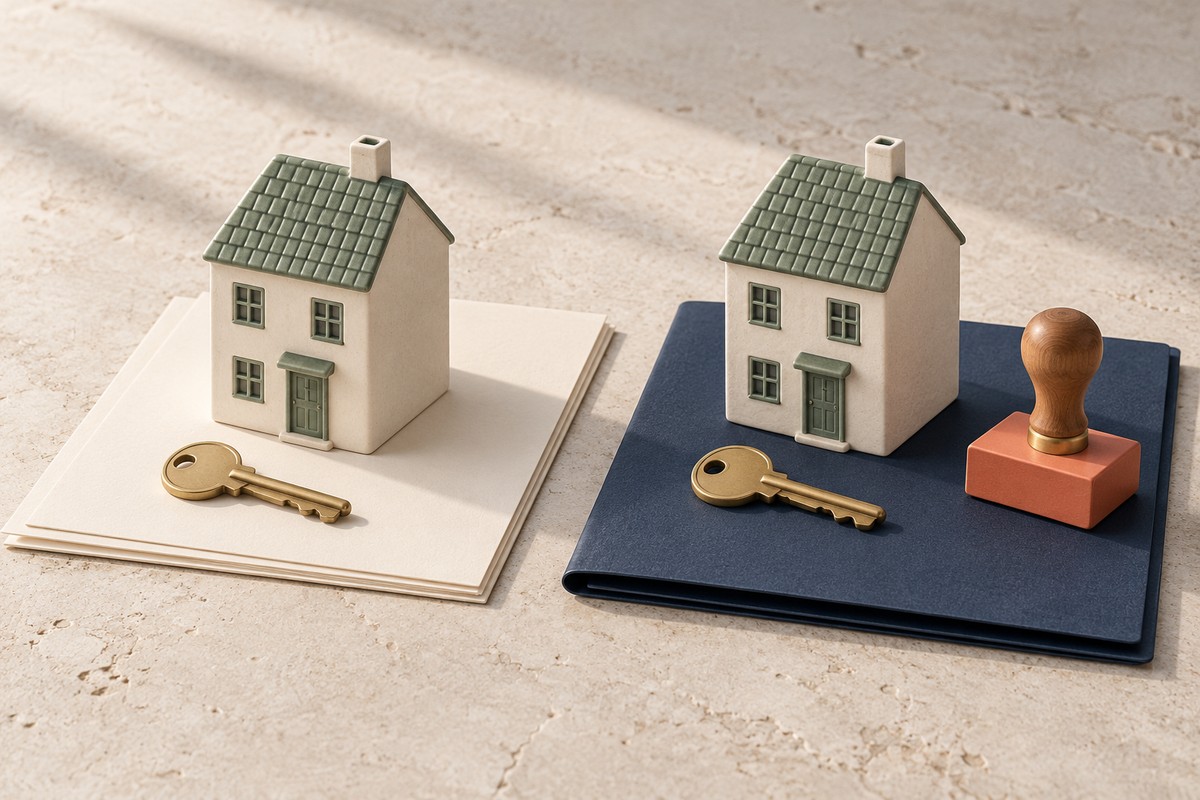 Two identical model houses, one on an ivory base and one on a navy folder, each with a brass key.