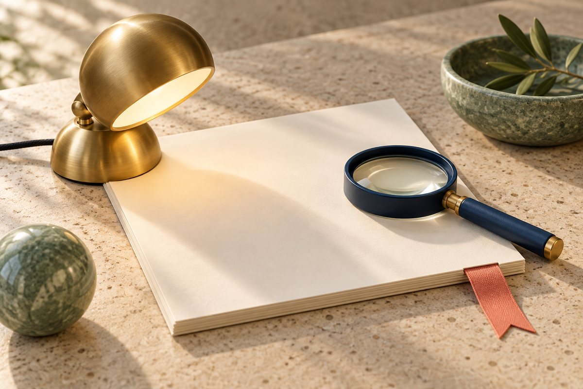 Brass desk lamp lighting a blank cream document with a navy magnifying glass and a coral bookmark beside it.