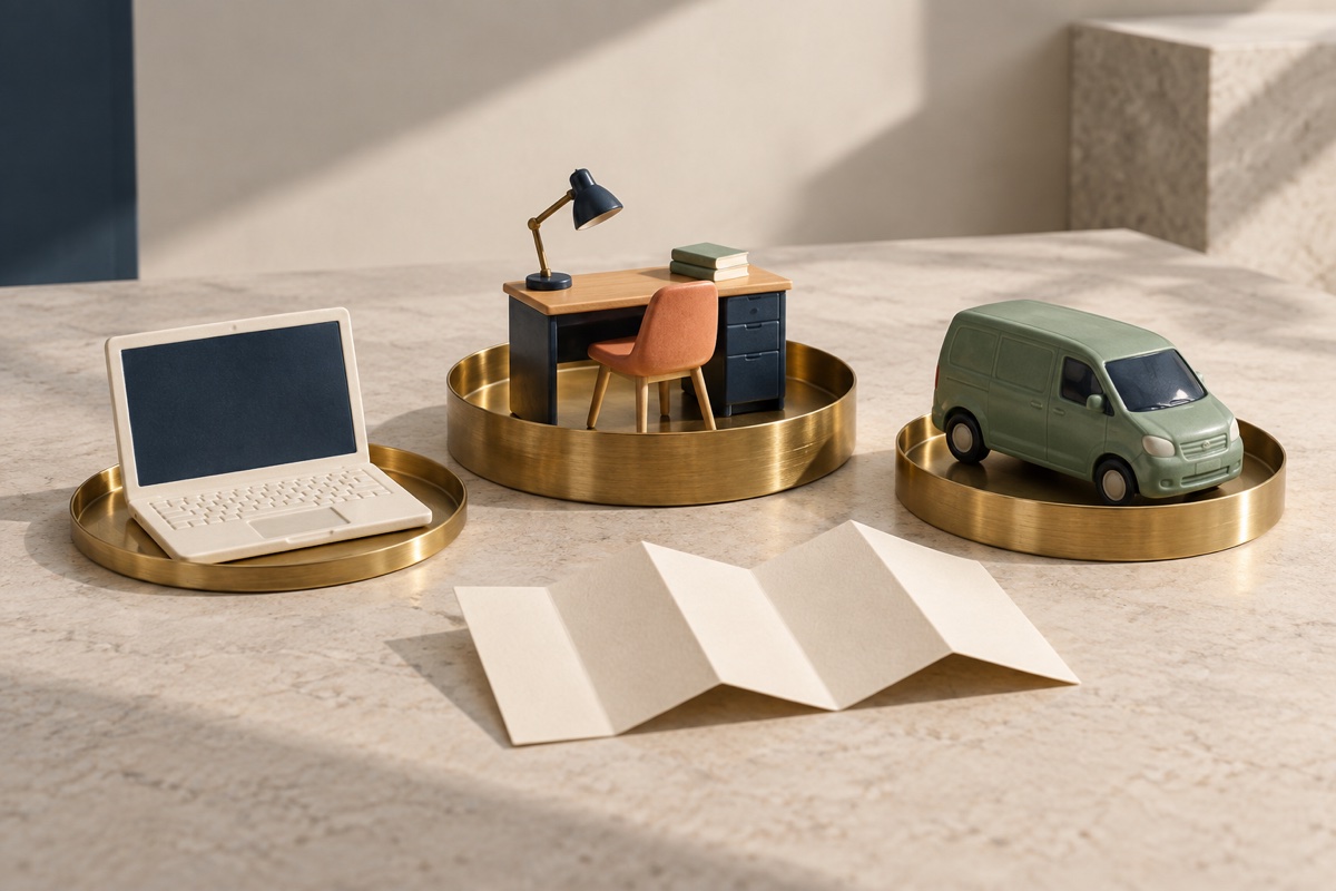 Model laptop, desk and van on brass trays of different depths beside a folded paper schedule.