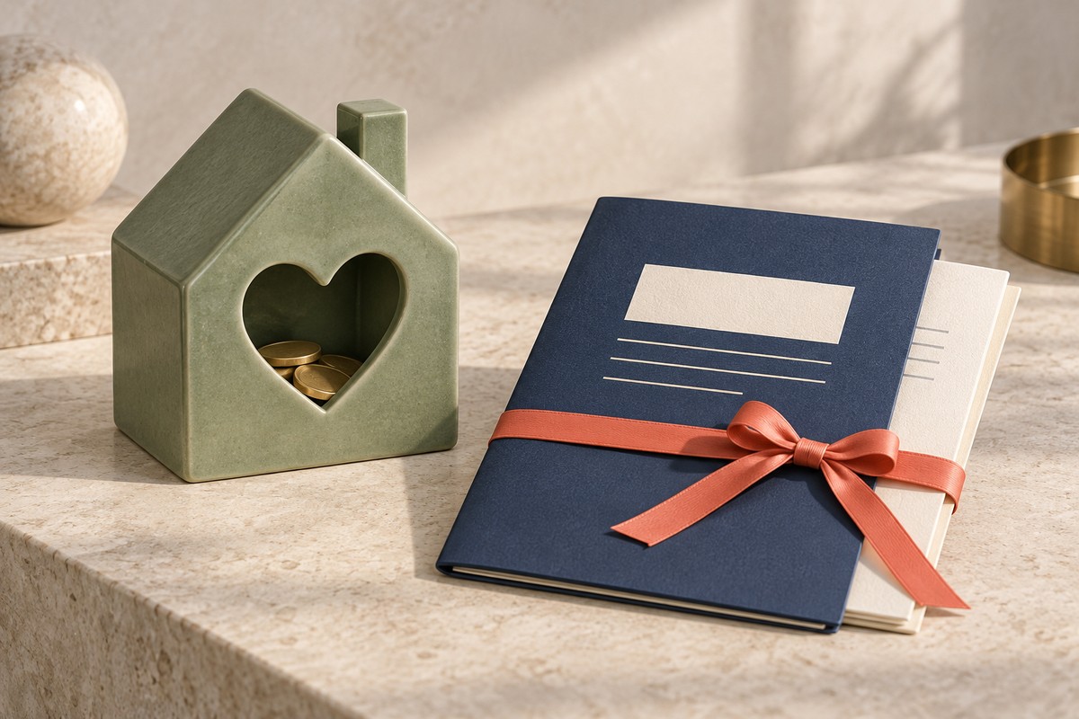Green ceramic charity box with a heart-shaped opening beside a navy return with an extra page tied in coral ribbon.