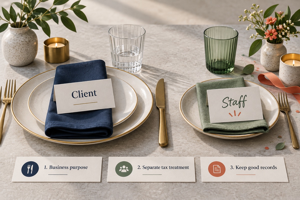 Client-meal and staff-event place settings beside separate tax-review tabs.