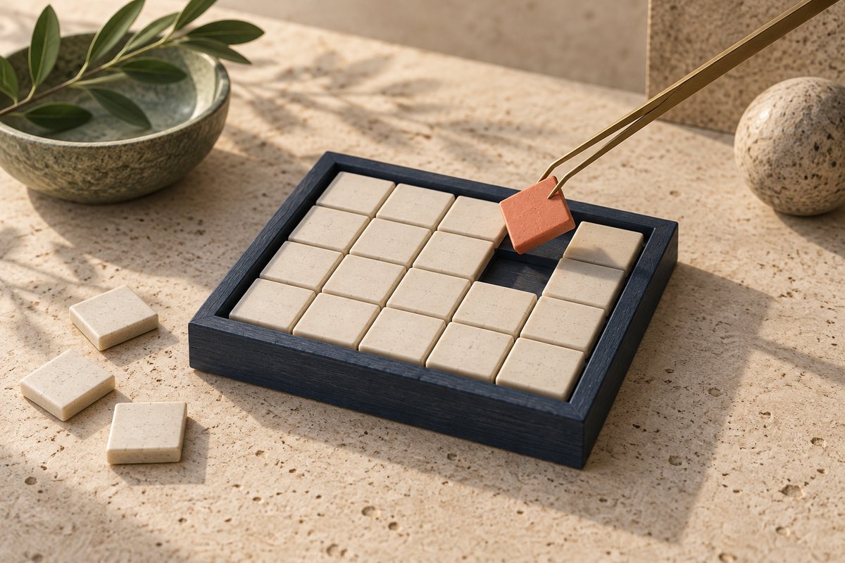 Brass tweezers lifting one coral tile back into a tray of neatly ordered cream tiles.