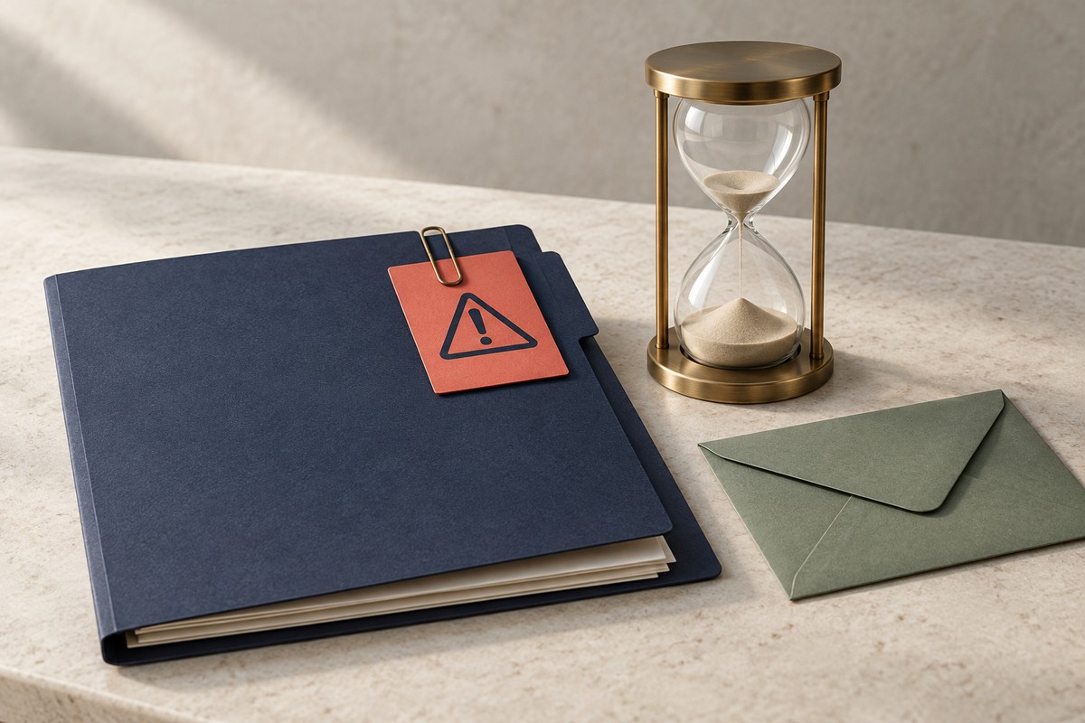 Navy company folder with a coral warning tab beside a brass hourglass running low and a green envelope.