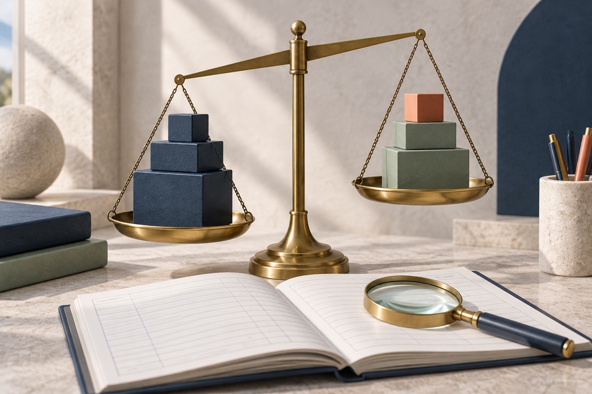Uneven balance beam beside a ledger and magnifying glass for investigating a discrepancy.