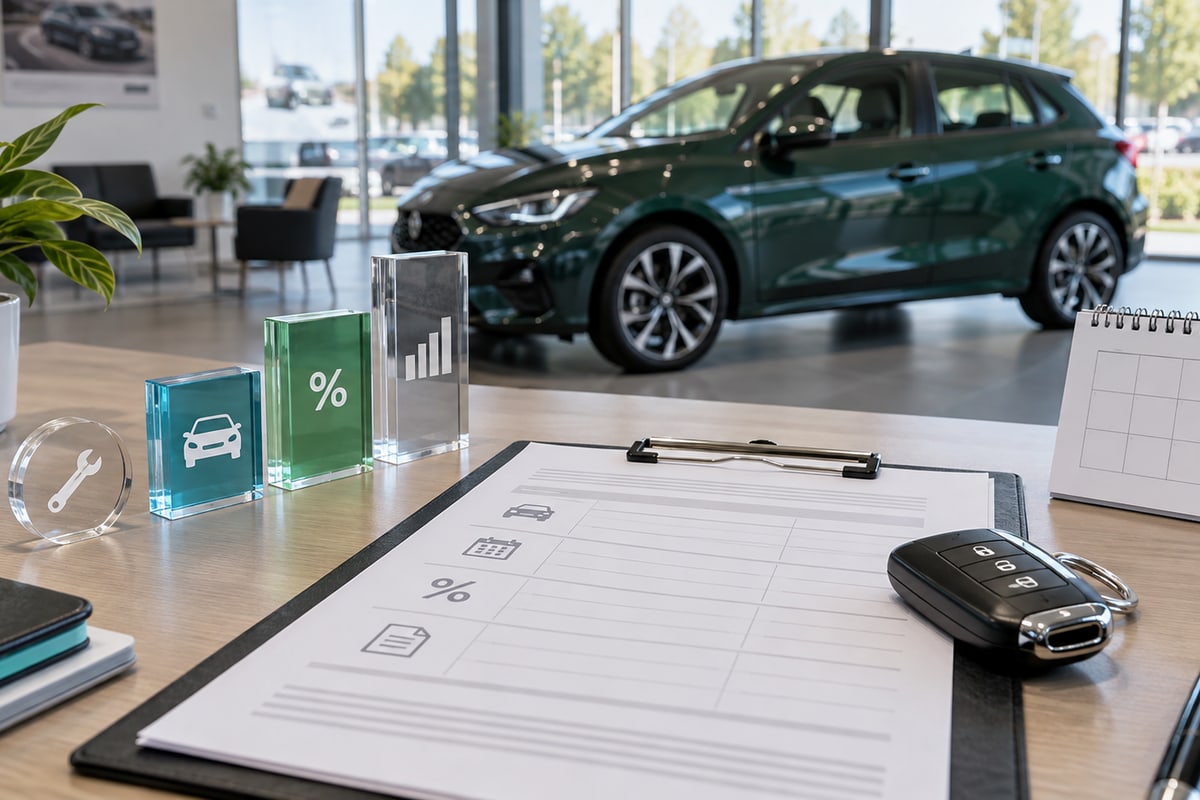 Illustrative car lease paperwork and payment calendar beside a showroom hatchback.