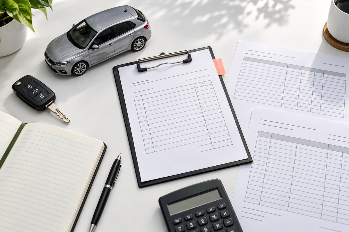 Illustrative car key and model hatchback beside separate accounting and tax schedules.