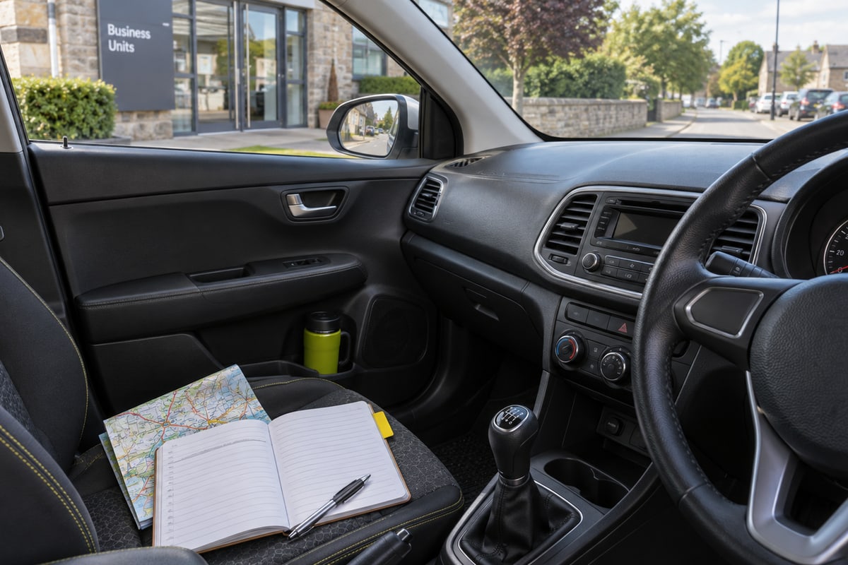 Illustrative mileage notebook and road map on the passenger seat of a parked personal car.