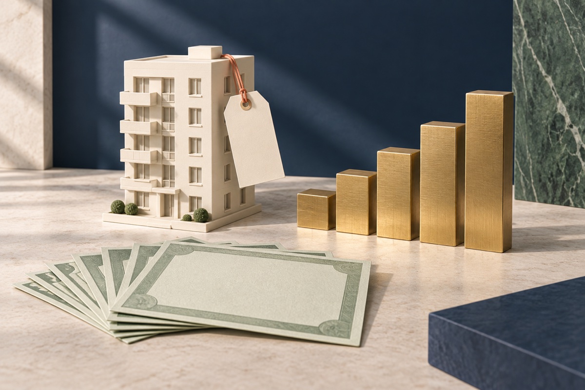 Model apartment building and share certificates beside brass bars rising from purchase to sale.