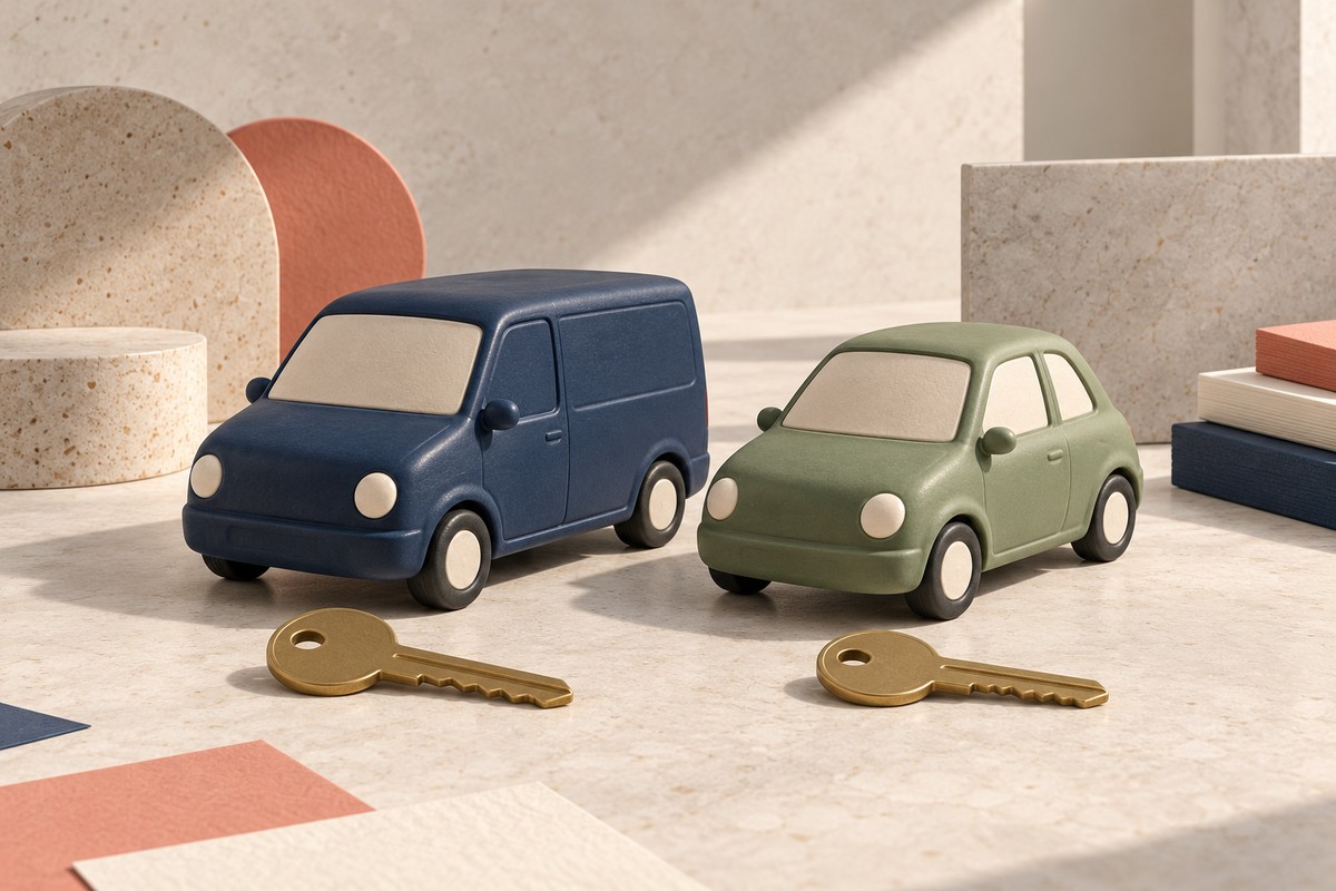 A navy model panel van and a green model hatchback side by side, each with a brass key.