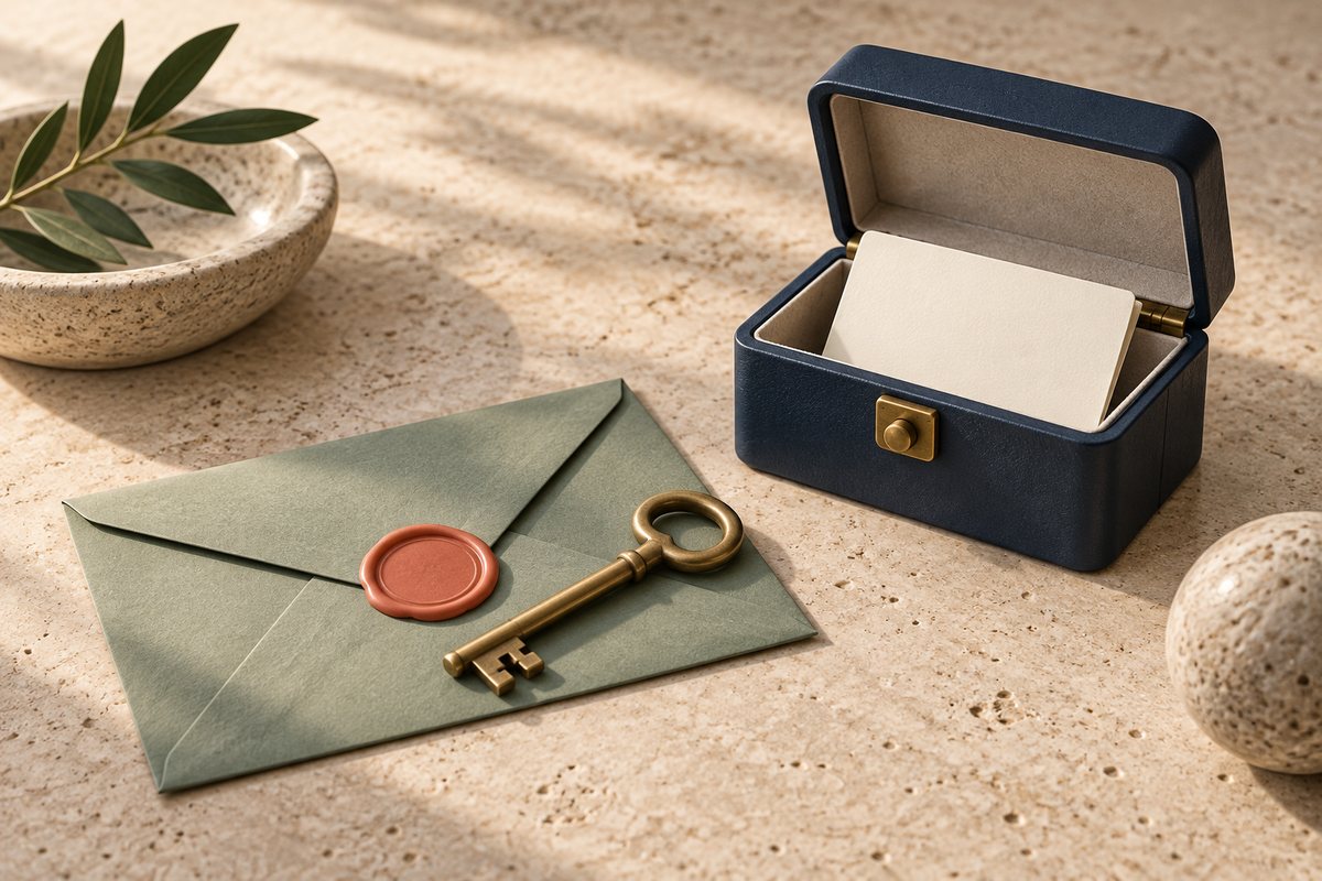 Sealed envelope with a brass key resting on it beside a small open lockbox holding a blank card.