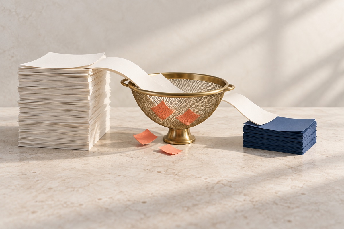 Stack of profit sheets passing through a brass sieve that catches coral slips, leaving a smaller navy stack.