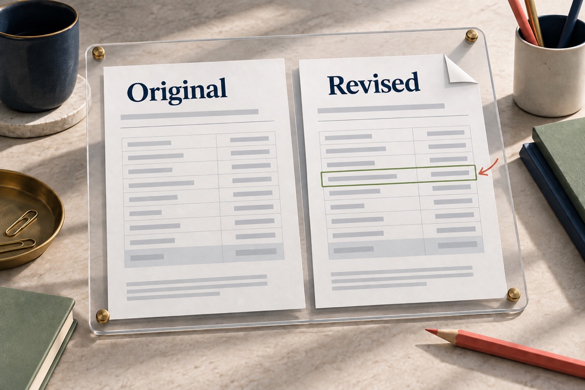 Original and revised returns with a changed entry highlighted under a comparison overlay.