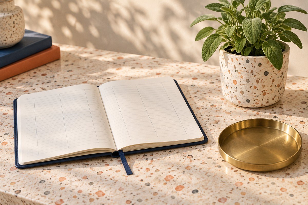 Empty brass coin tray beside an open blank ledger and a healthy green plant.