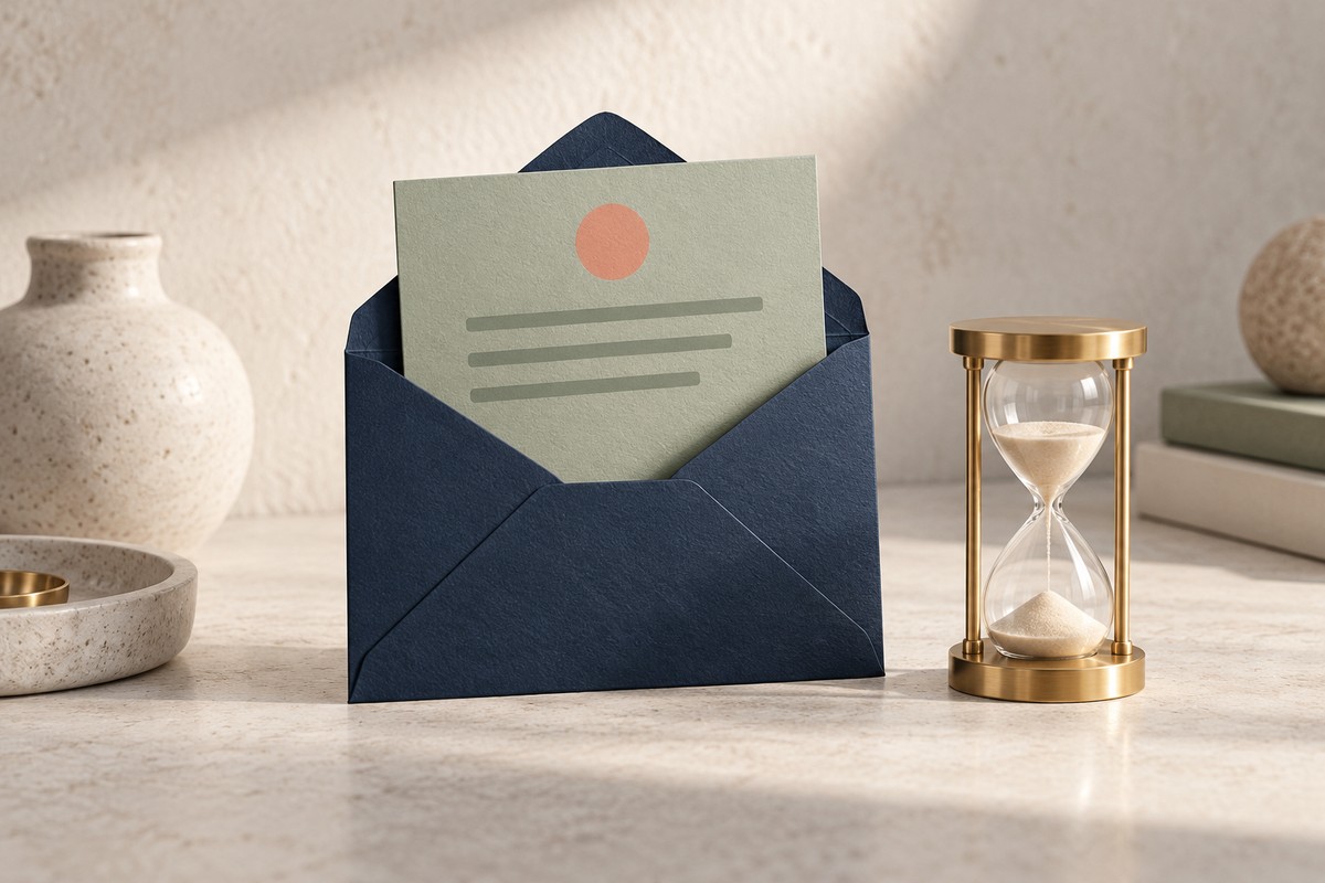 Opened navy envelope holding a green notice card, with a brass hourglass running beside it.