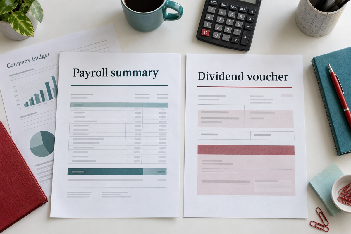 Payroll summary and dividend voucher being compared against one company budget.