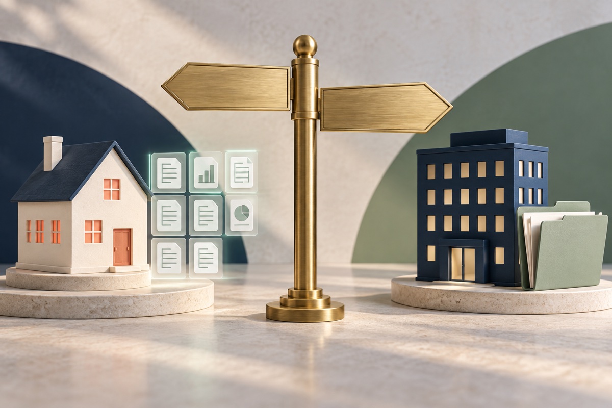 Brass signpost pointing to a rental house with digital records and a company with its own tax folder.