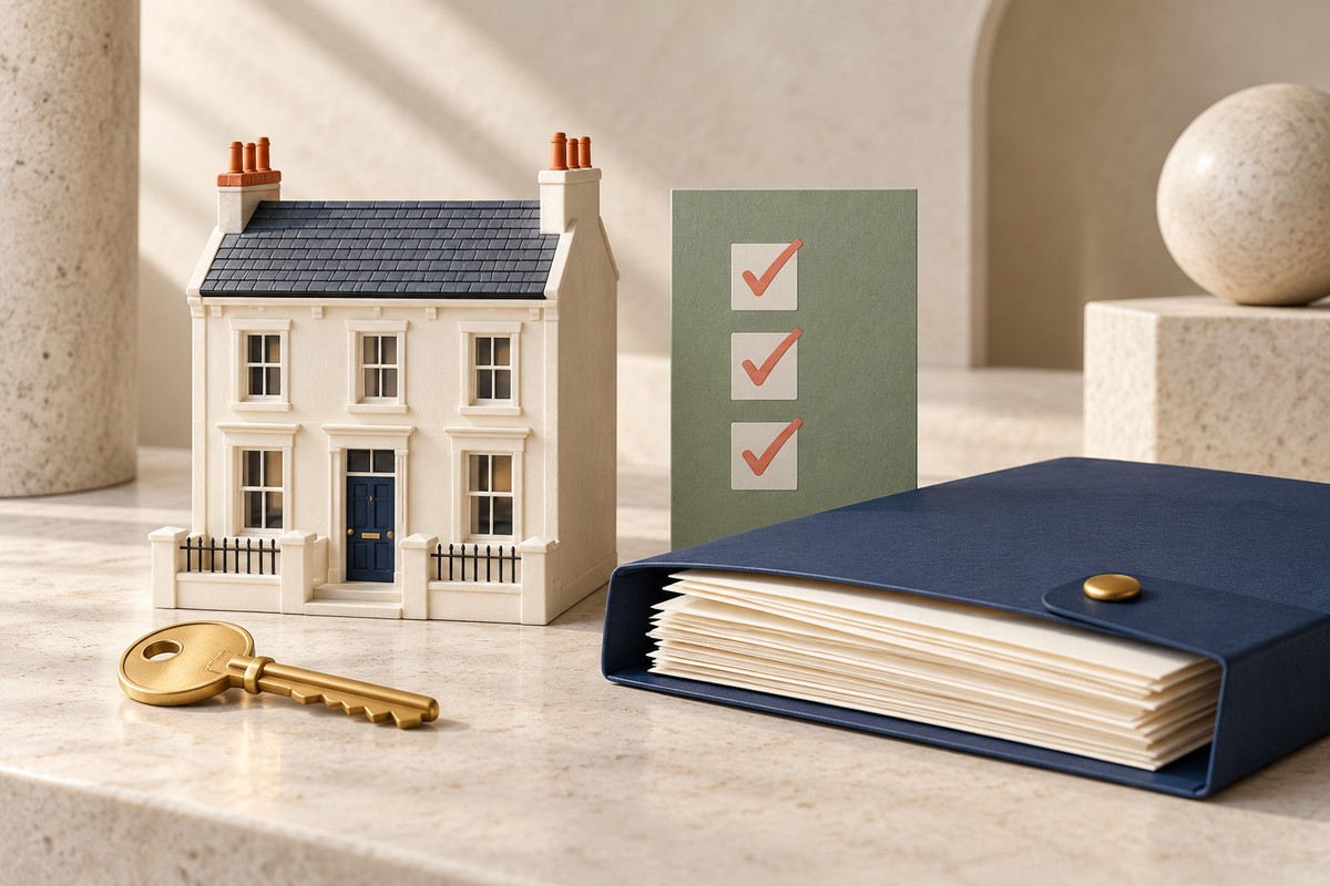 Model terraced house beside a brass key, a navy accounts folder and a checklist card with three ticks.