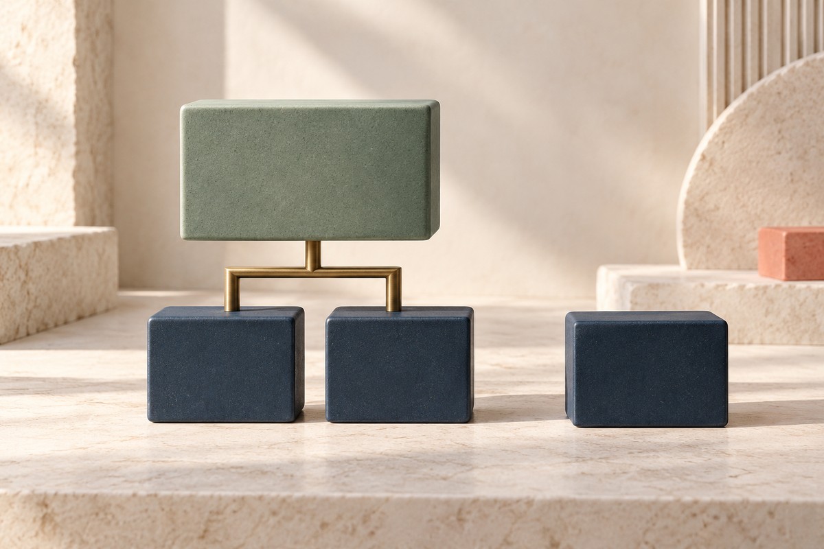 A large green block linked by brass rods to two smaller navy blocks, beside a single navy block.