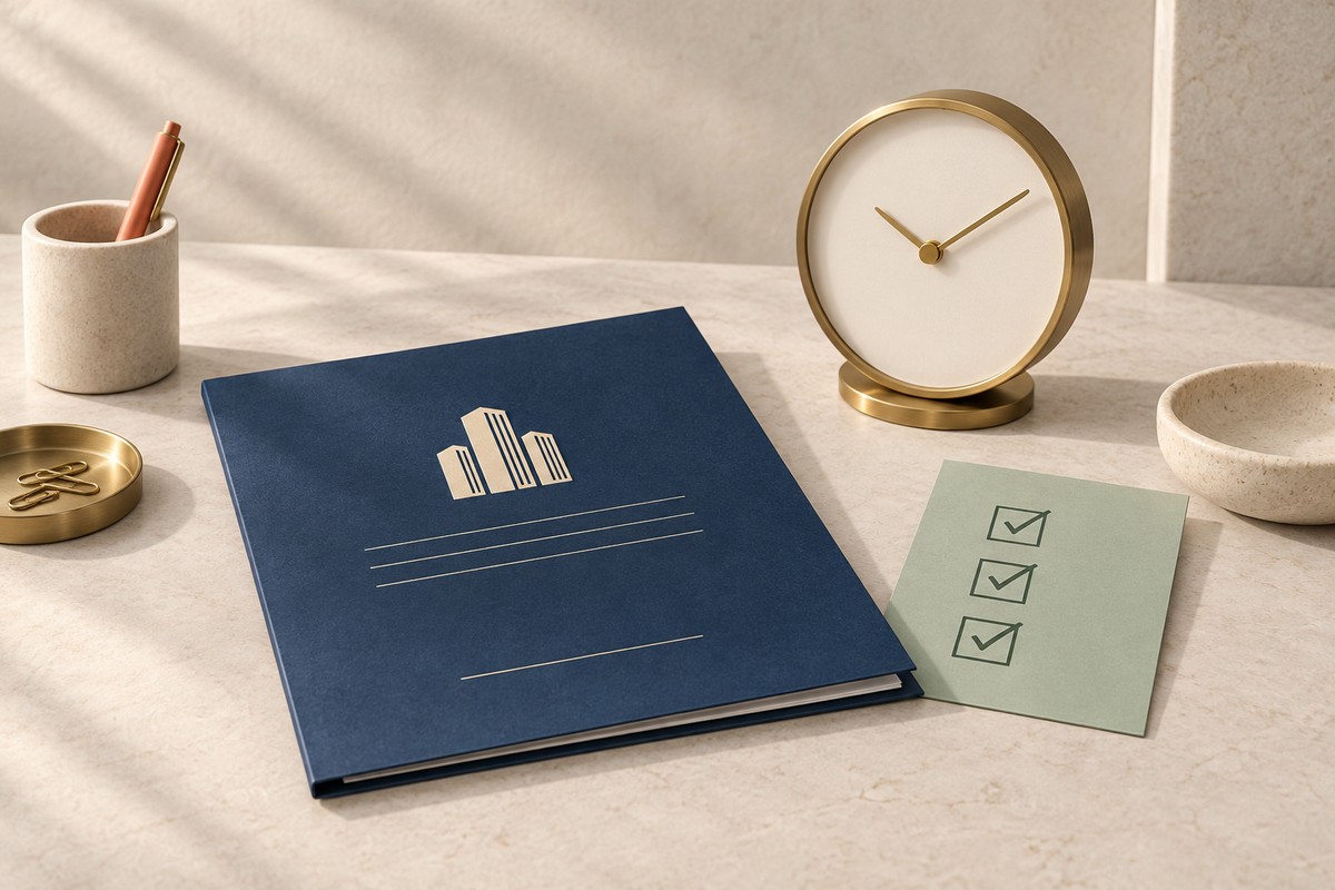 Brass desk clock beside a navy return document and a green checklist card with three ticked boxes.