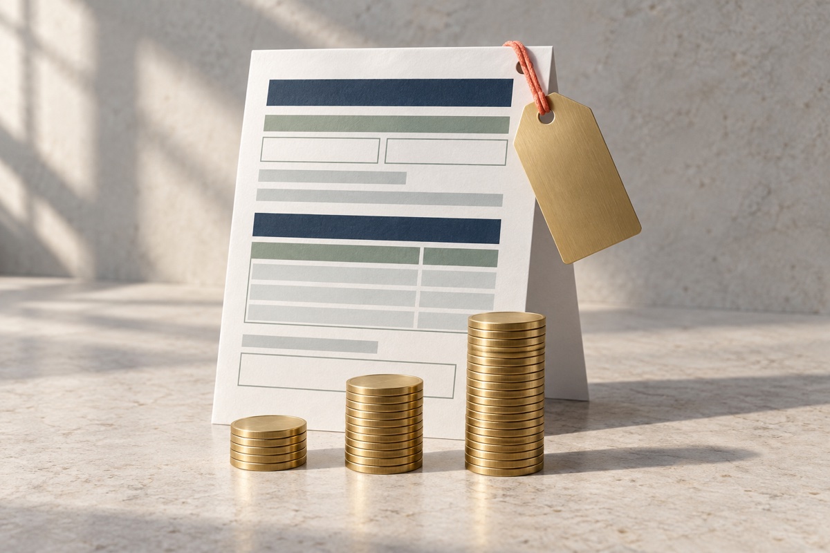 Tax return form with a brass price tag beside three coin stacks of different heights.