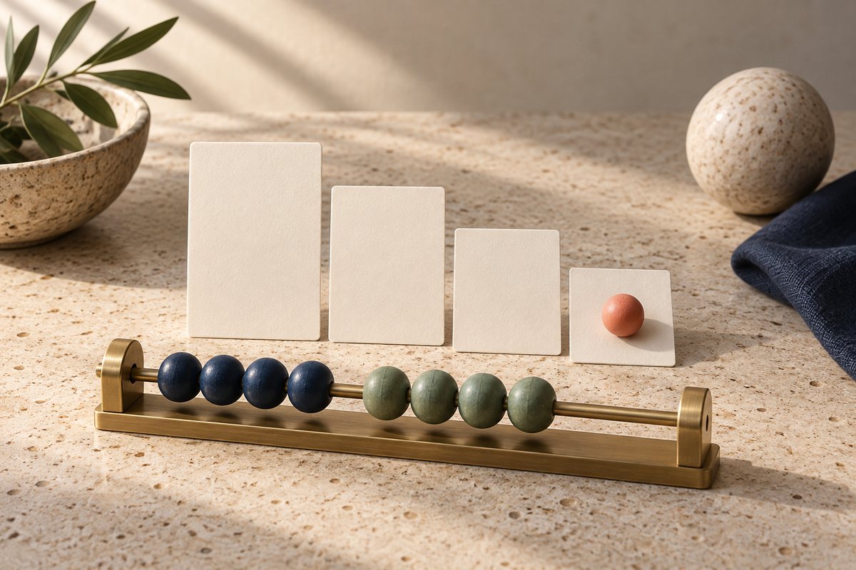 Four blank cards stepping down in size above a brass abacus, with a coral bead on the smallest card.