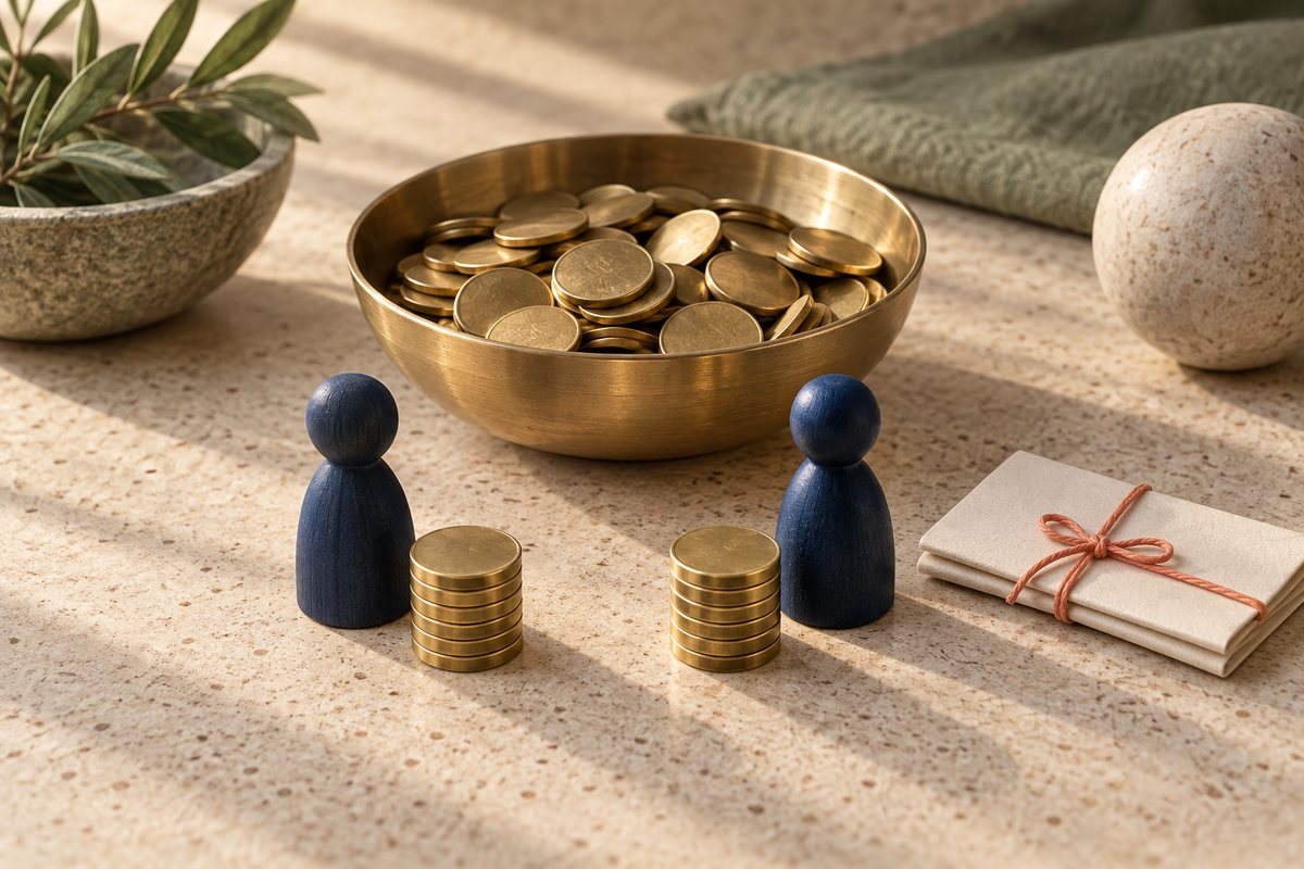 Brass bowl of coins beside two equal coin stacks in front of two navy tokens and a tied paper slip.