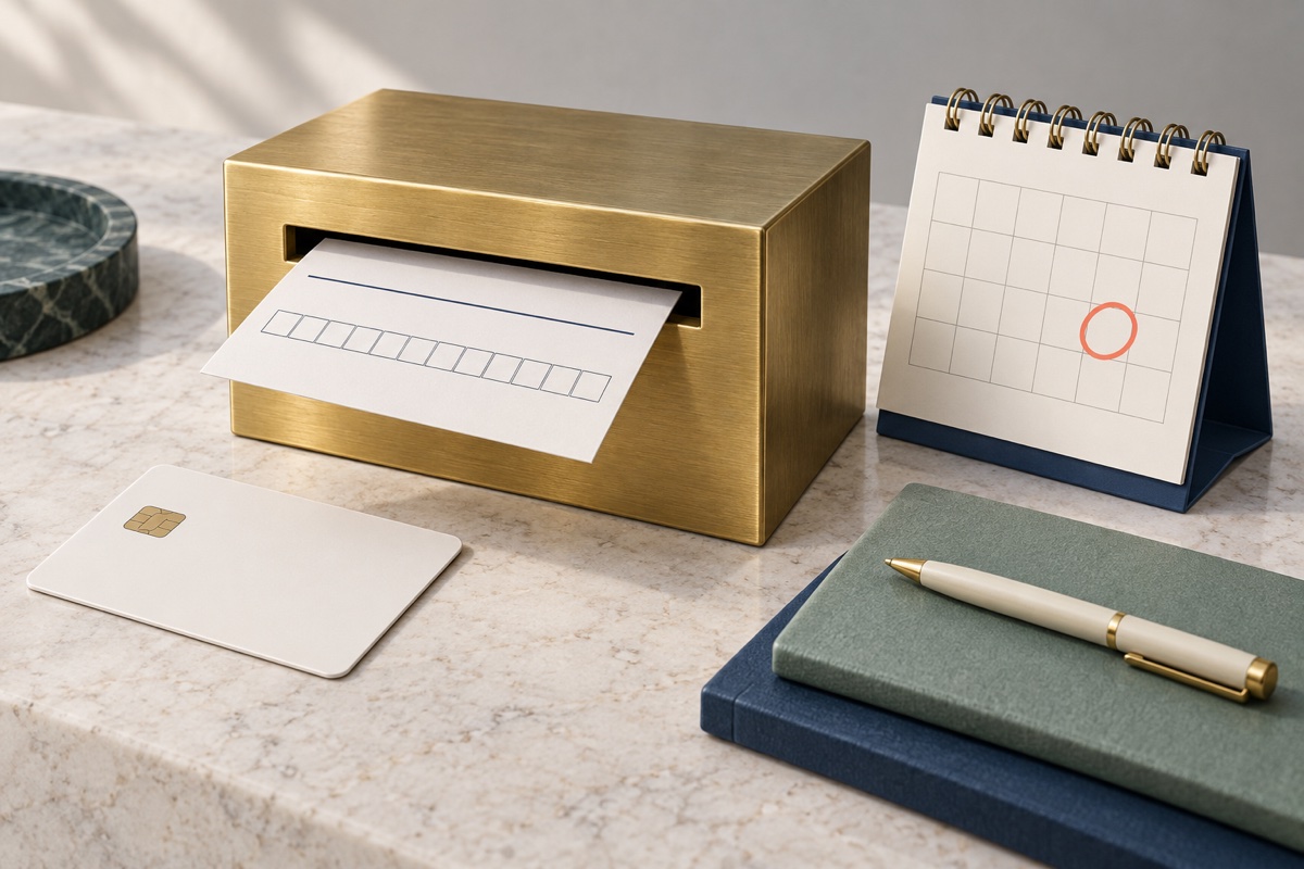 Payment slip with a reference strip posted into a brass box beside a card and a calendar.