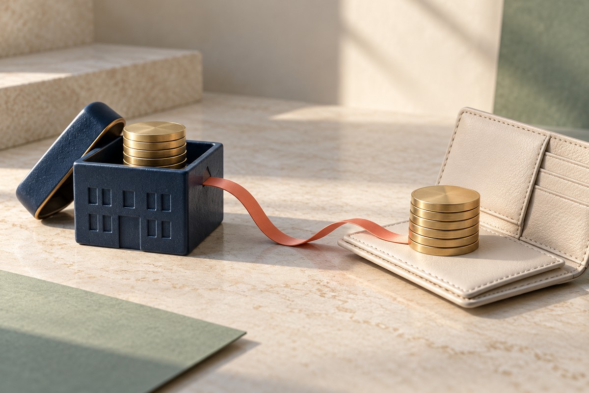 Two stacks of brass coins, one in a navy box and one on an open wallet, with a coral ribbon between them.