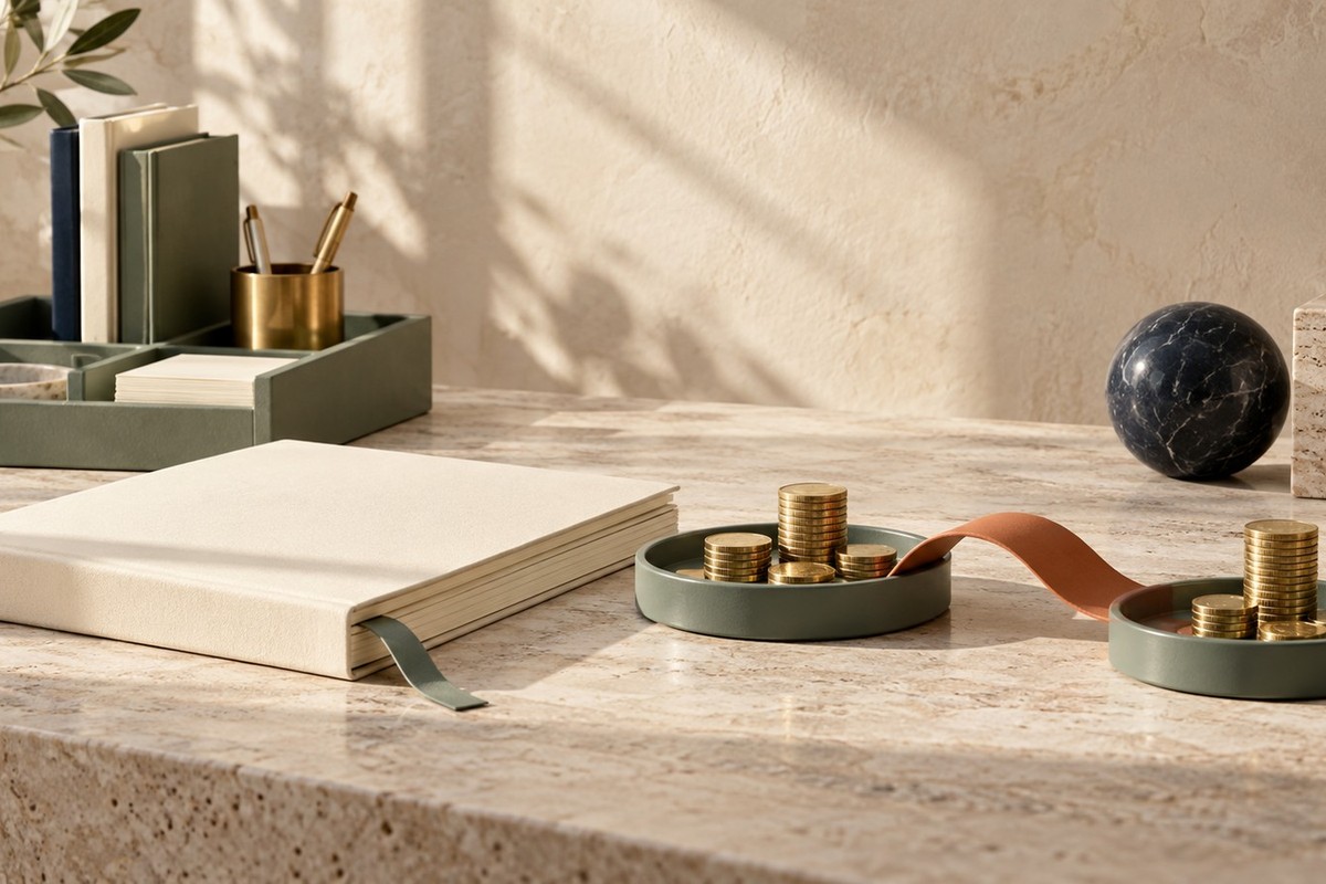 Blank ledger beside two coin trays connected by a terracotta ribbon.