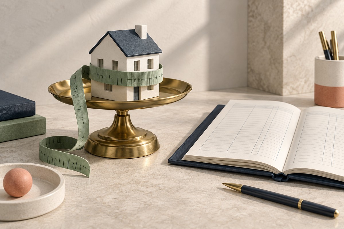Small model house on a brass stand wrapped in a measuring tape, beside an open ledger and a pen.