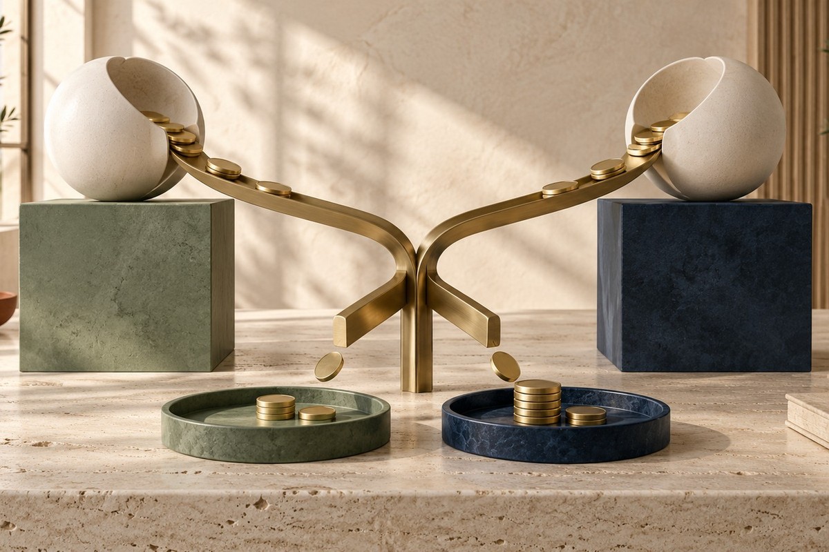 Two ivory fund containers directing brass coins into separate green and navy trays.