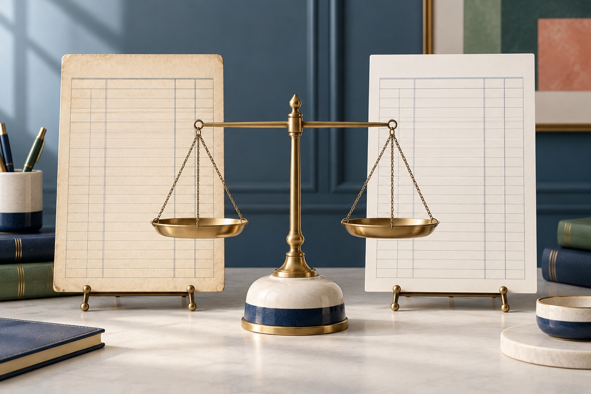 An older and a newer ledger sheet standing side by side behind a level brass balance.