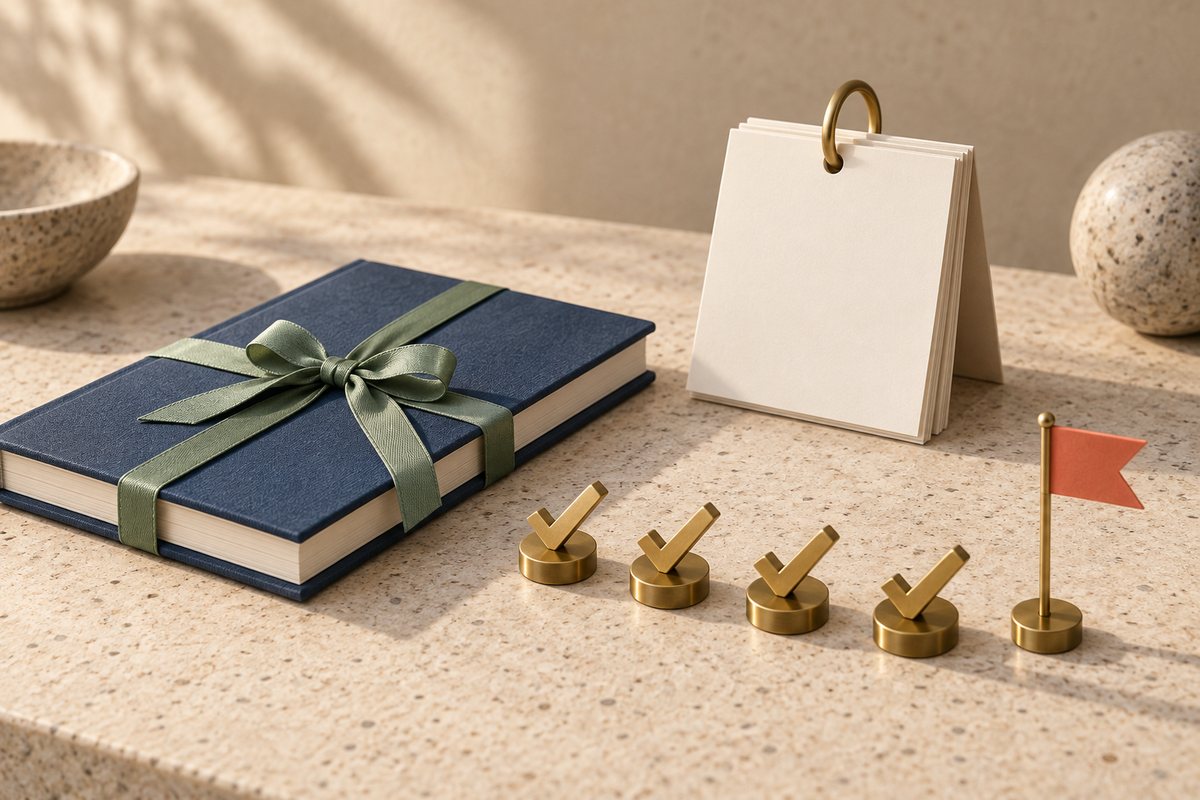 Navy ledger tied with a ribbon beside a blank desk calendar and a row of brass ticks ending at a coral flag.