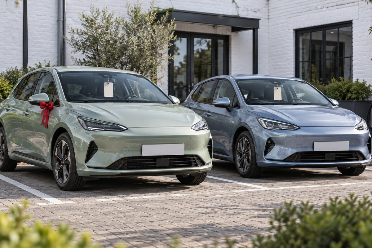 Illustrative new and used electric hatchbacks compared beside charging points.