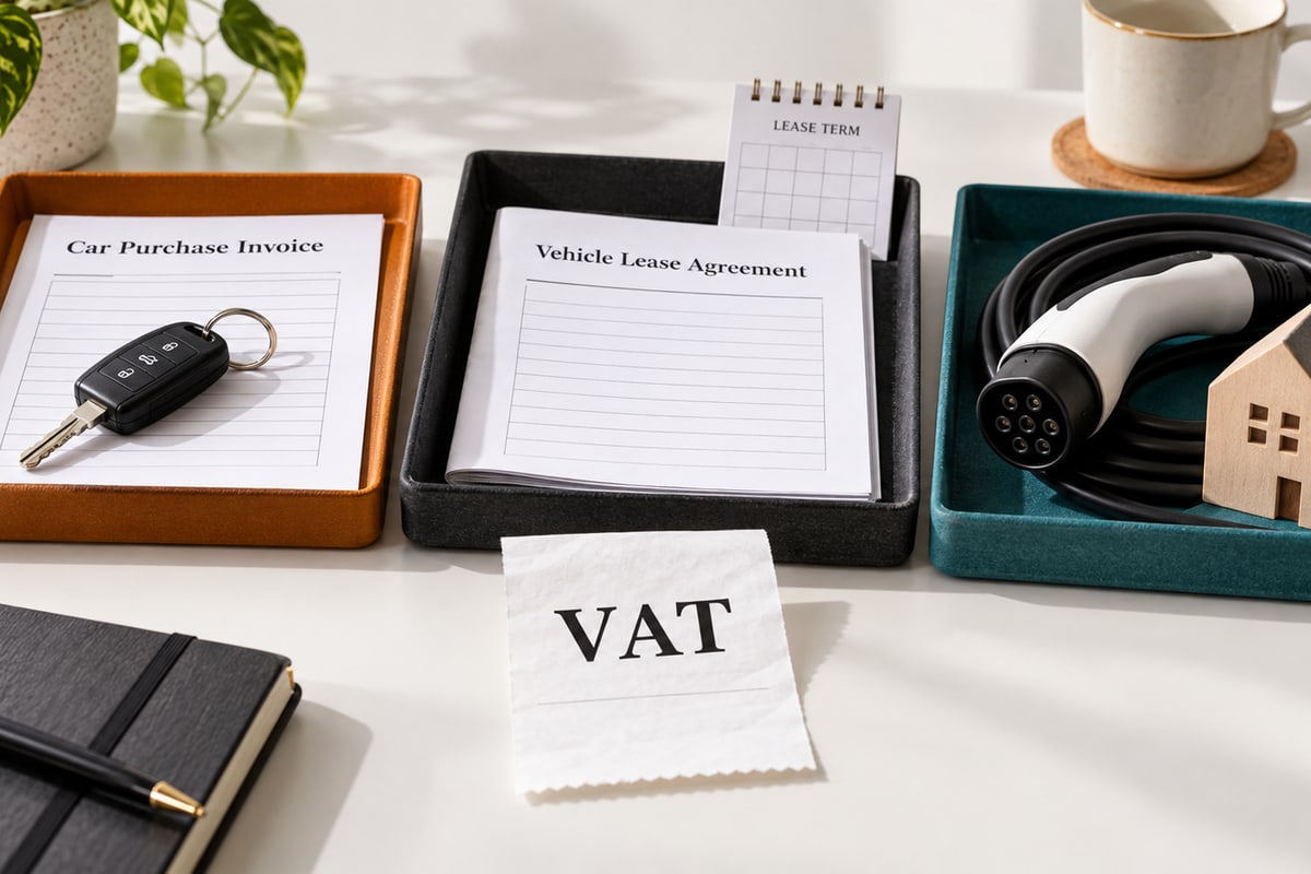 Illustrative purchase invoice, lease agreement and home-charging cable arranged as separate VAT transactions.