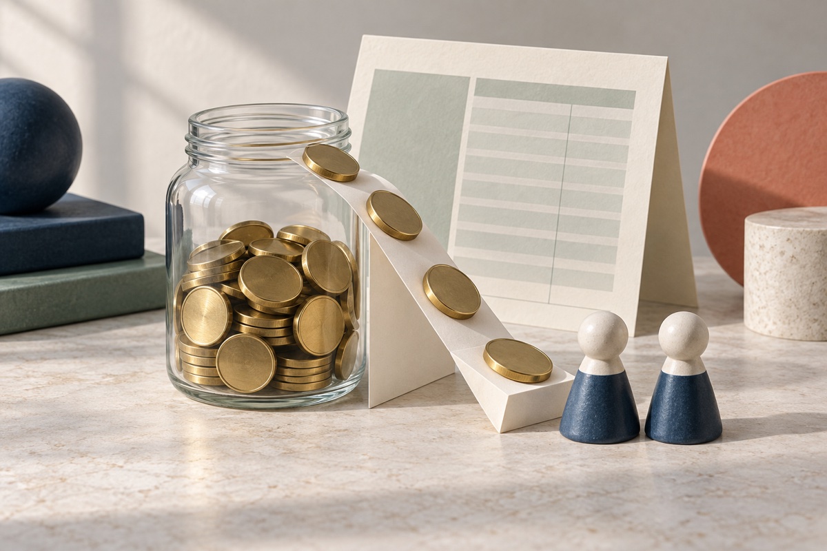 Glass jar of brass coins with a few coins stepping down a paper ramp to two shareholder tokens.