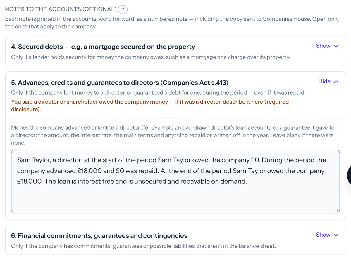Taxley's Notes to the accounts (optional) section for a demo company: note 4 Secured debts closed, note 5 Advances, credits and guarantees to directors open with a generated note that director Sam Taylor owed the company £18,000 at the end of the period, and note 6 Financial commitments closed