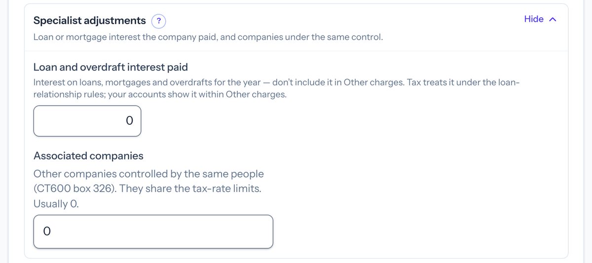 Taxley's Specialist adjustments box opened, with Loan and overdraft interest paid at 0, Associated companies at 0, and the hints for both fields