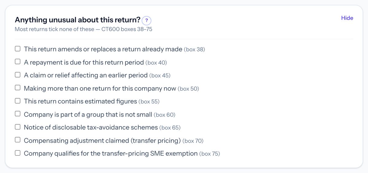 Taxley's "Anything unusual about this return?" section open, with a ? help link and nine unticked boxes from box 38 to box 75