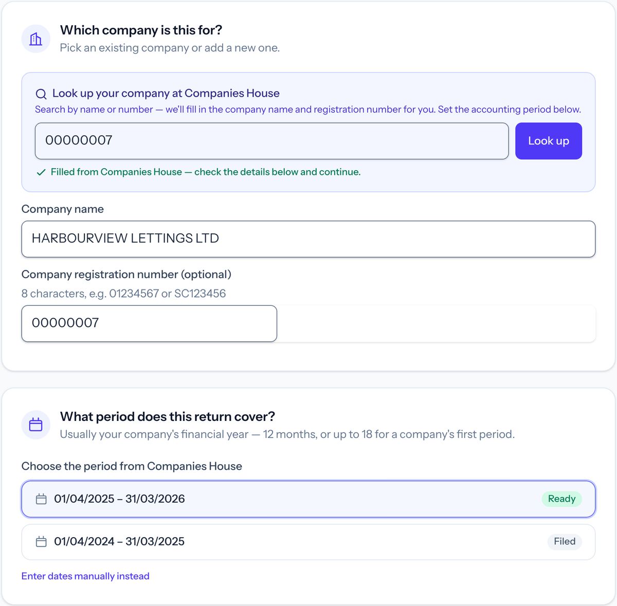 Taxley's Start a new return page for a demo property company: the Companies House look-up has filled in HARBOURVIEW LETTINGS LTD and company number 00000007, and the period 1 April 2025 to 31 March 2026 is selected and marked Ready