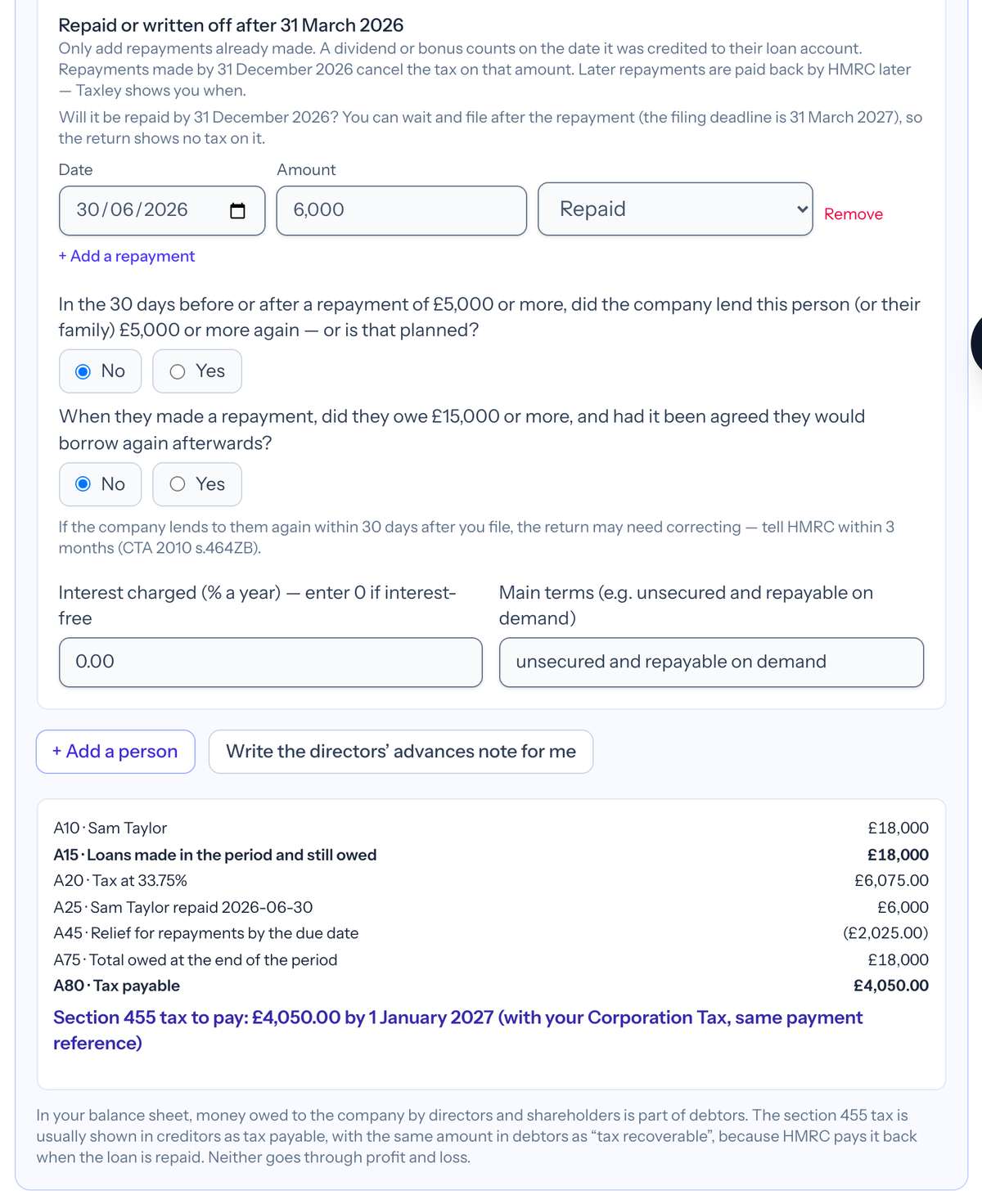 Repayment of £6,000 on 30 June 2026 with bed-and-breakfasting questions answered No and the live CT600A summary showing £4,050 to pay