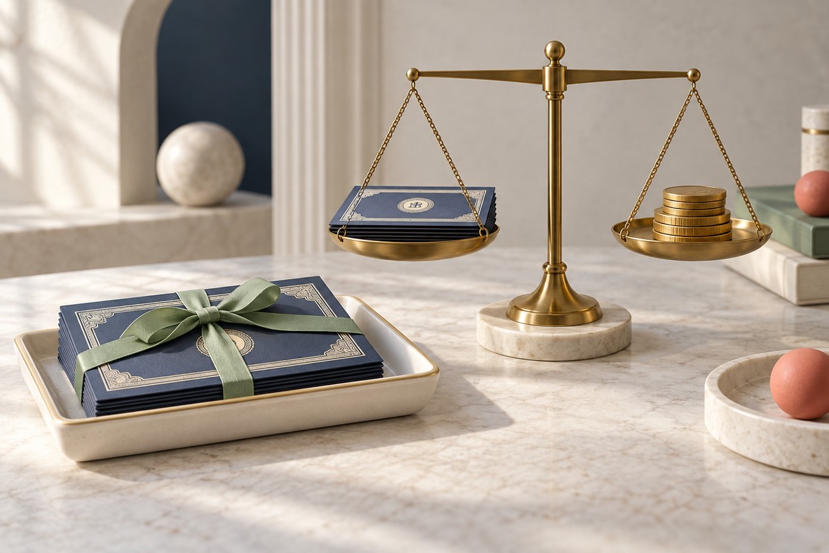 Share certificates tied with ribbon on a ceramic tray beside a brass balance holding a certificate and a stack of coins.