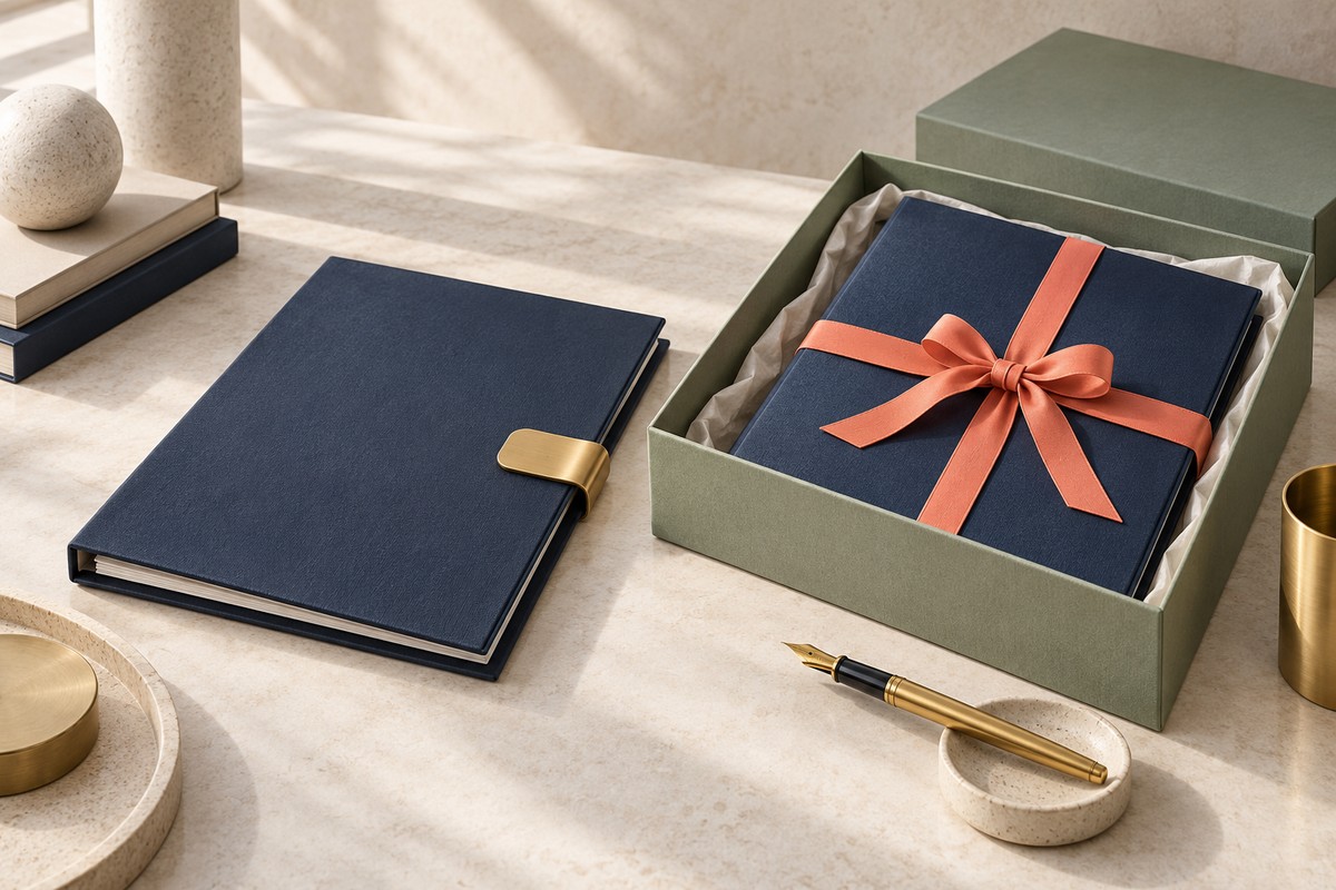 Two navy company folders, one with a brass clip and one tied with ribbon in an archive box.
