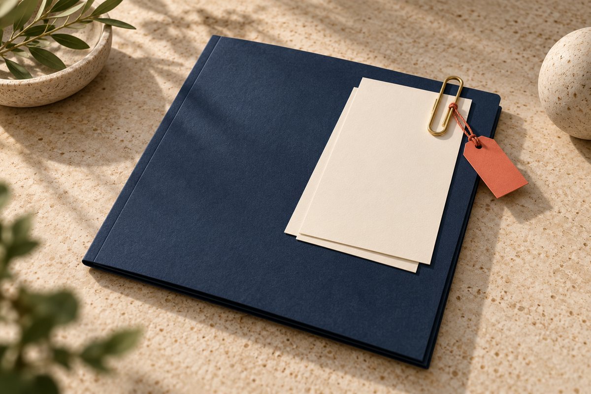 Navy folder with two cream sheets clipped to it by a brass paperclip carrying a small coral tag.